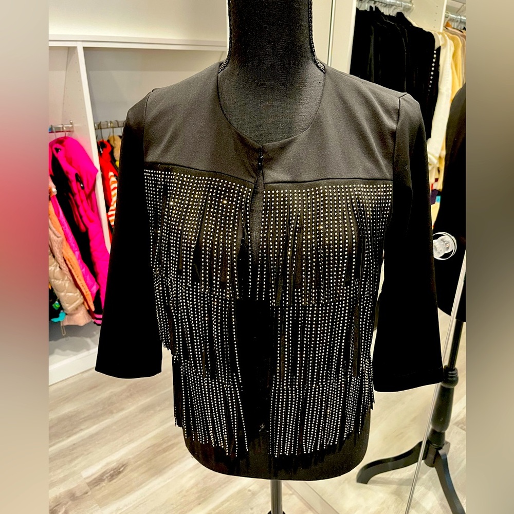 NWT  RHINESTONE FRINGE JACKET, Black, Size 0
